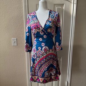 Julie Brown Blue Geometric Print Wrap Dress Size M Boho 3/4 Sleeve V- neck